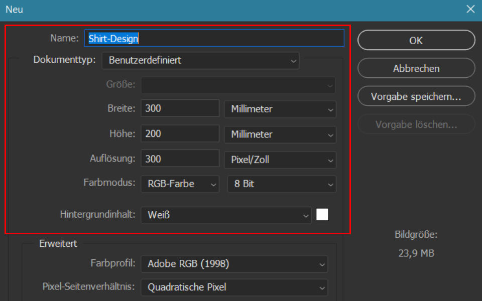 Screenshot: Datei in Photoshop anlegen