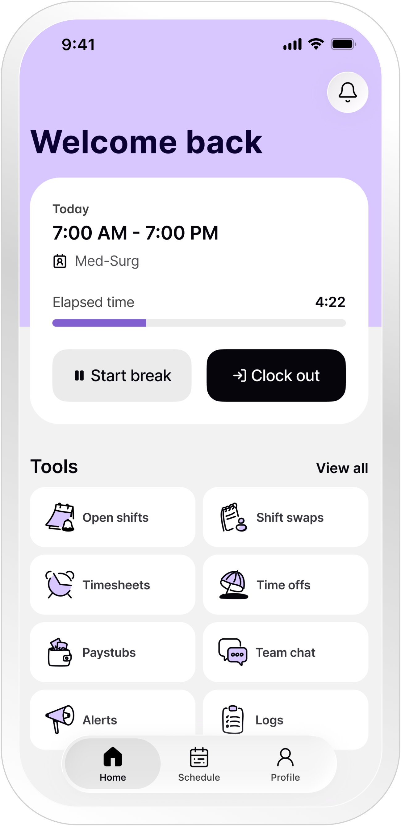 Untether mobile app showing shift details, time tracking, and workforce tools like open shifts, timesheets, and team chat