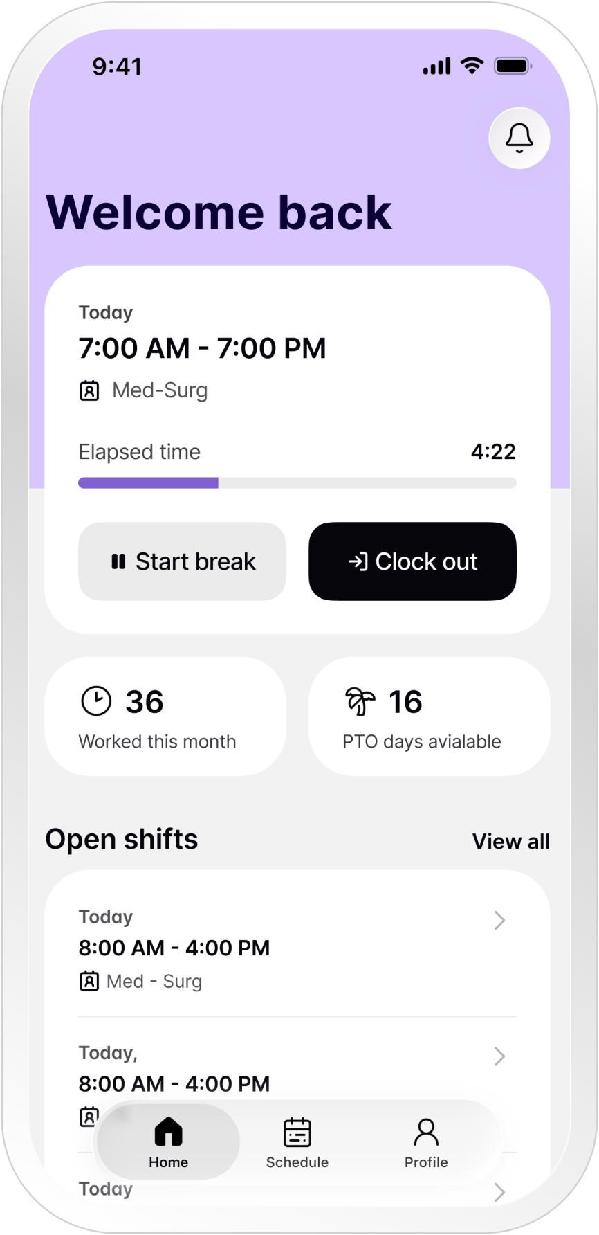 Untether mobile app showing shift details, time tracking, and workforce tools like open shifts, timesheets, and team chat