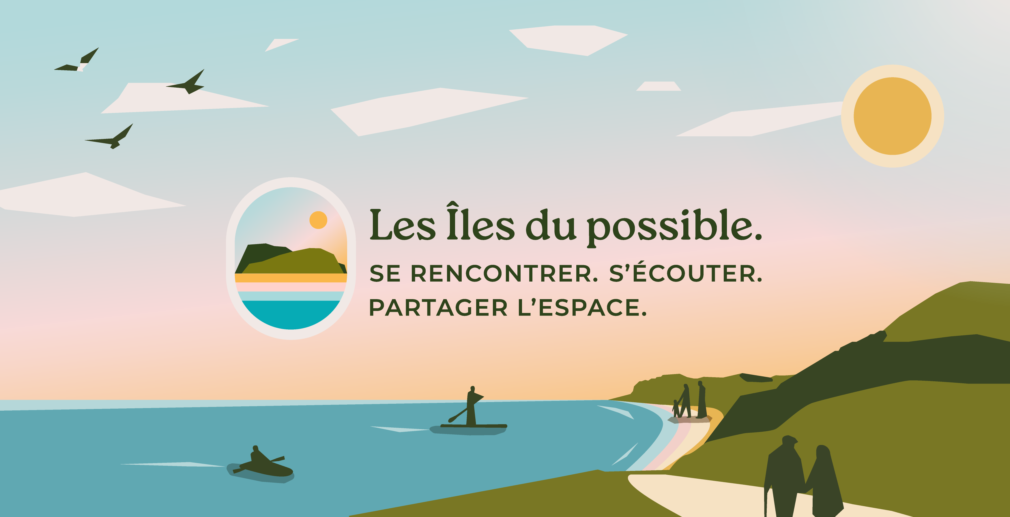 Illustration d’un paysage des Îles-de-la-Madeleine, avec la mer, des falaises et des personnes dans leurs activités quotidiennes, accompagné du logo des Îles du possible.