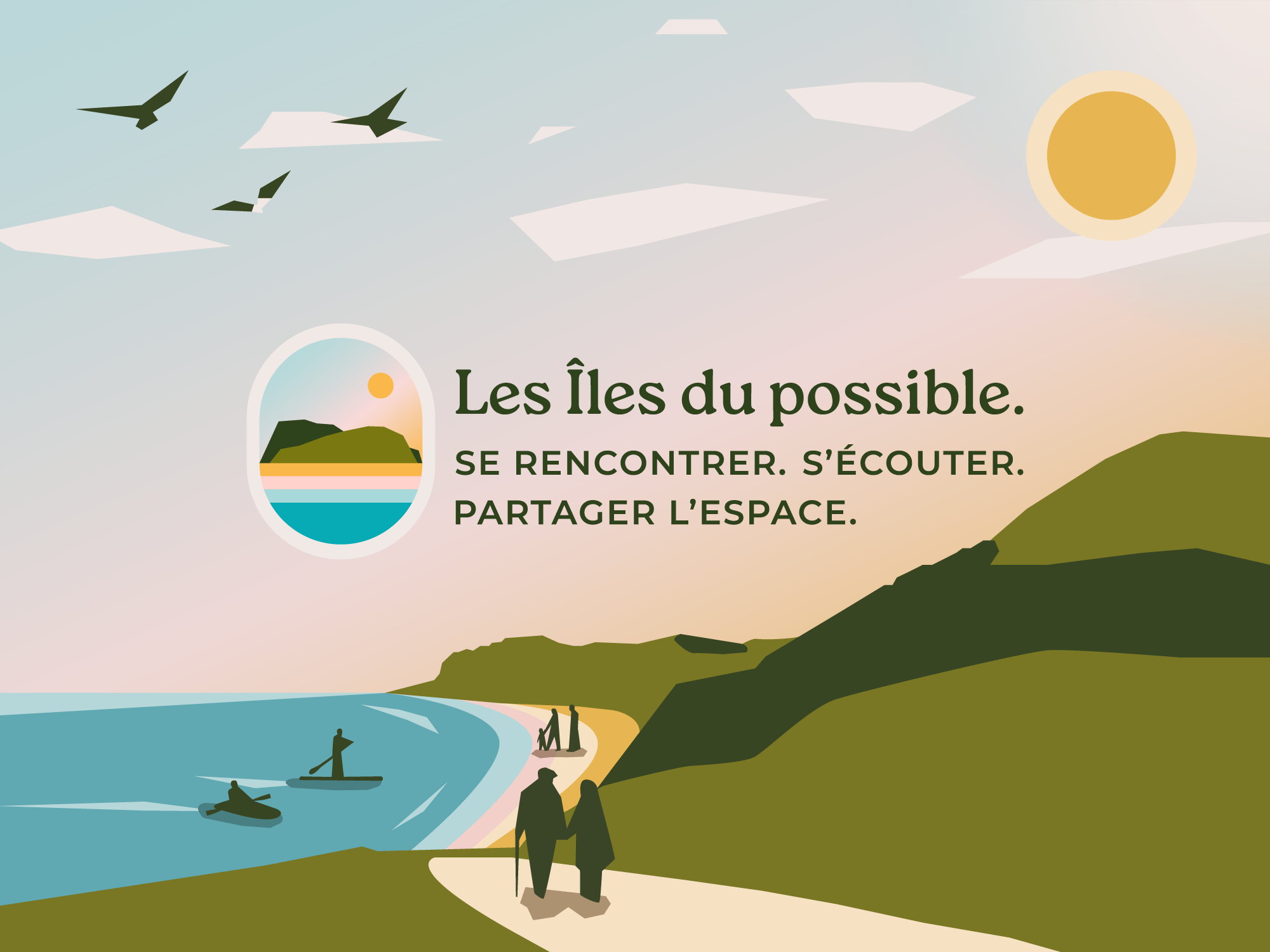 Illustration d’un paysage des Îles-de-la-Madeleine, avec la mer, des falaises et des personnes dans leurs activités quotidiennes, accompagné du logo des Îles du possible.