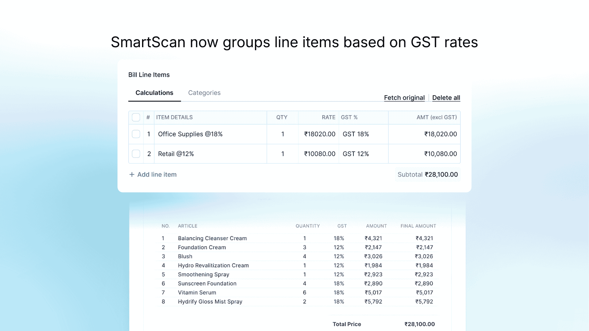 image showing how Mysa's AI scan can smartly group line items based on GST rates