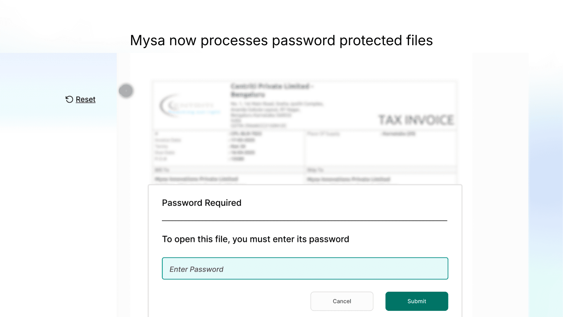 image showing how Mysa can now process password protected files