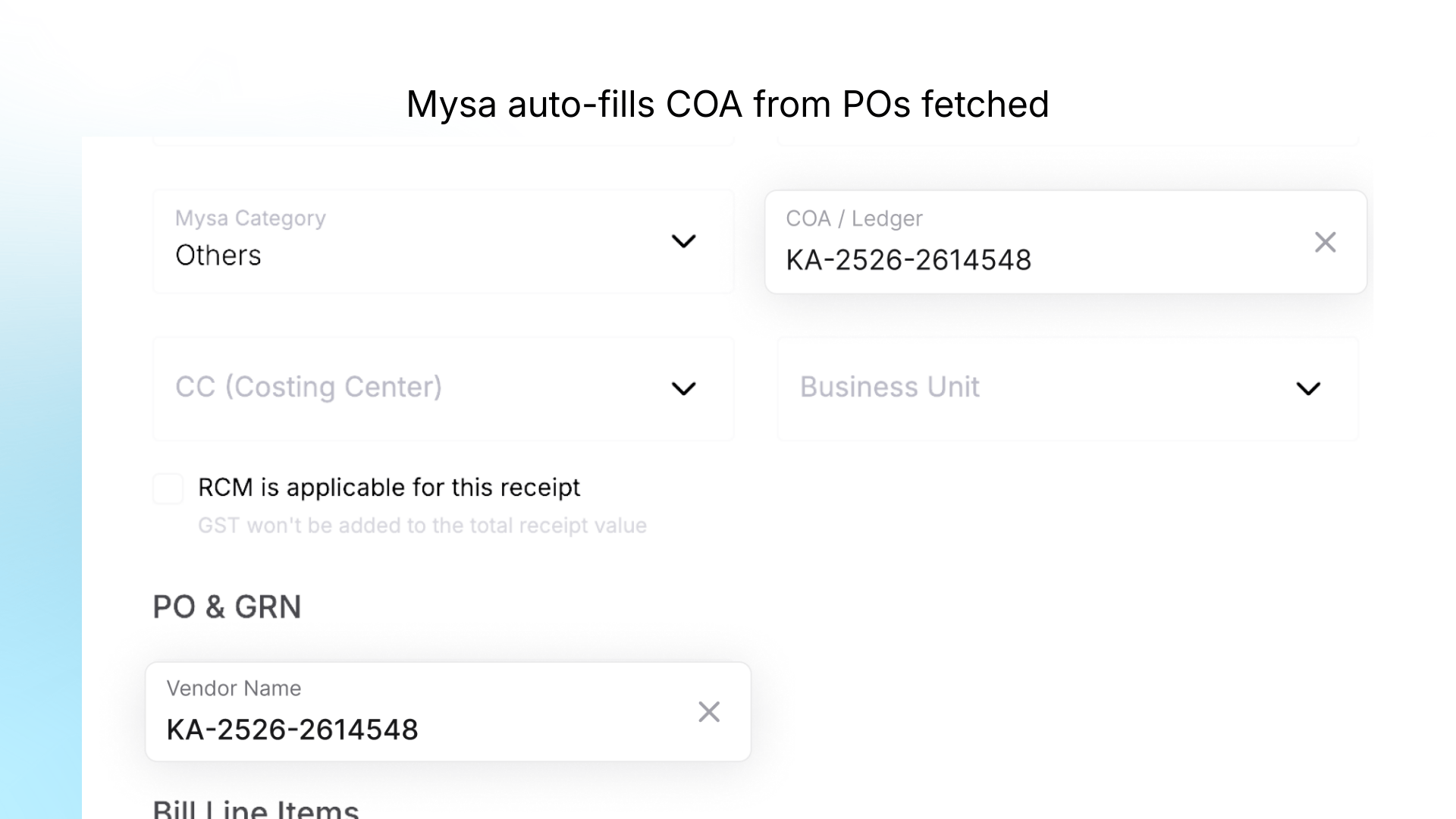 Image showing how Mysa auto-fills COA from PO fetch