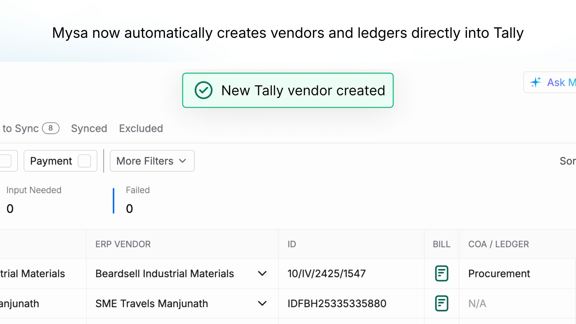 Image showing automatic vendor ledger creation in Tally from Mysa