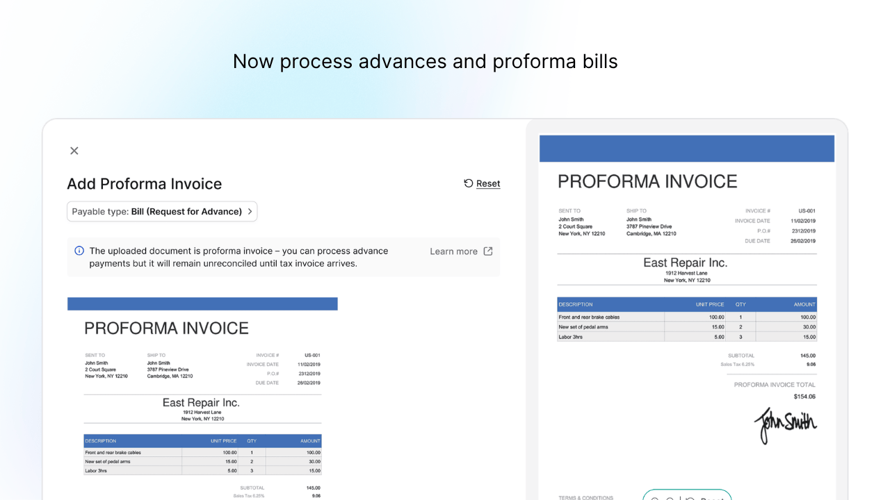 image showing Mysa's capability to process proforma invoices