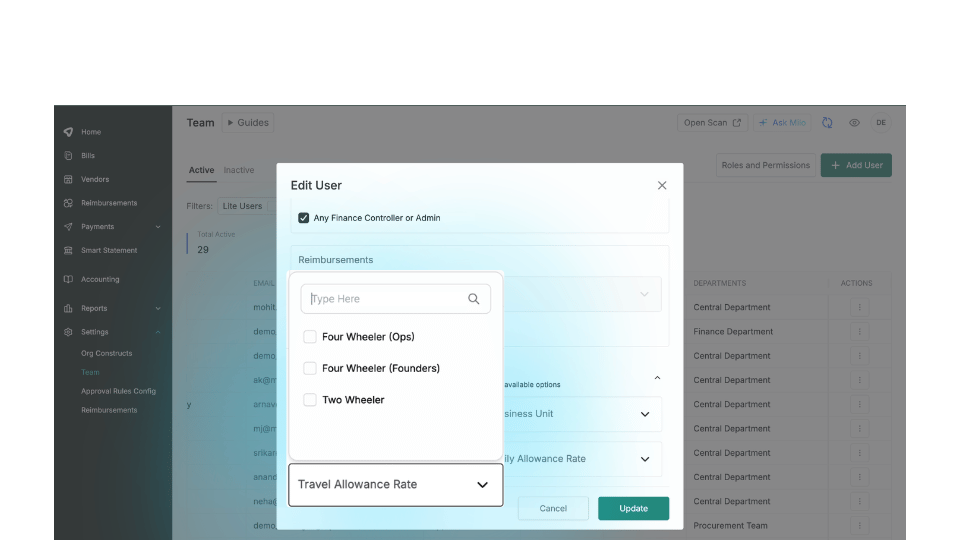 screenshot of mysa dashboard showing how strong controls are built in to the system with role based access for daily allowances