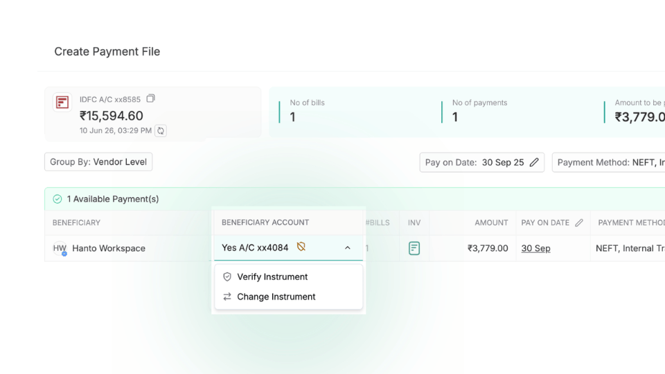 screenshot of mysa dashboard showing how finance teams can easily change the beneficiary account during payment creation so that  accountants are not confused figuring out the correct account and hence save wrong payments