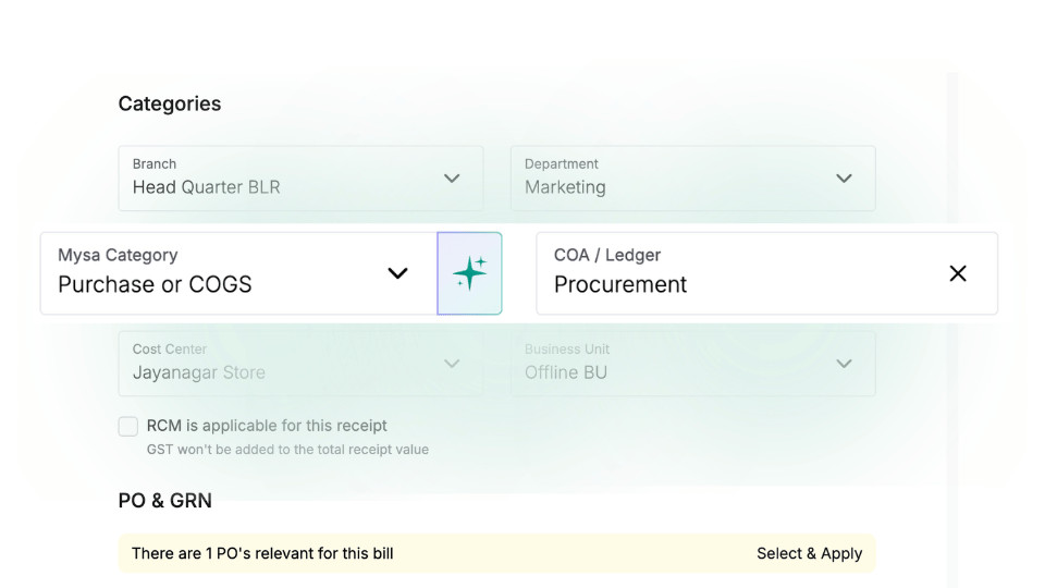 screenshot of mysa dashboard showing auto-selection of COA for a vendor after selecting it once, no separate rule creation is required