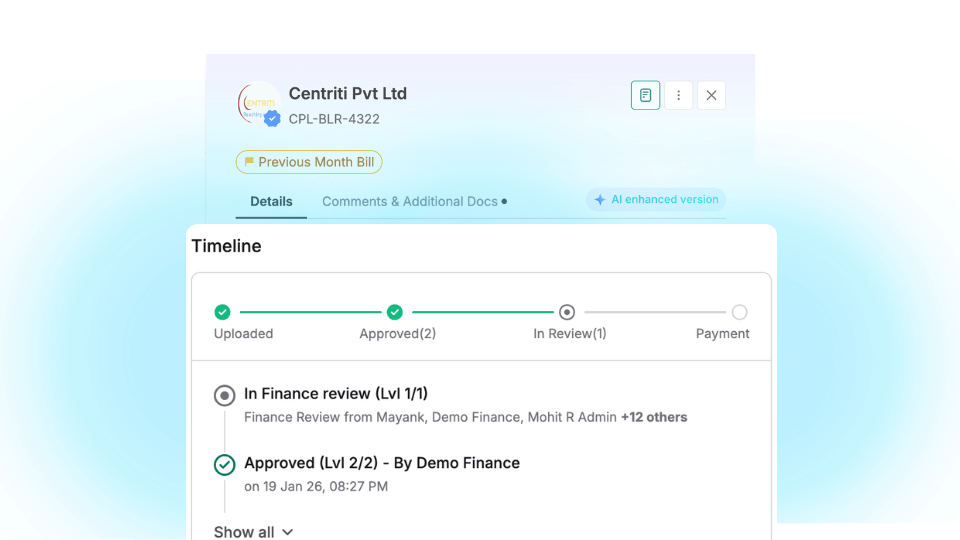 screenshot of mysa dashboard showing timeline view in the finance review screen for clarty