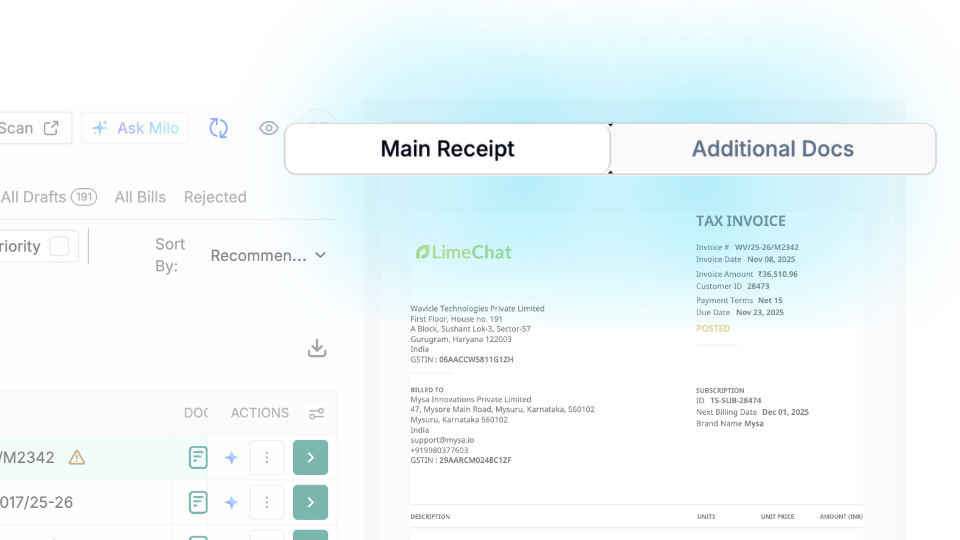 screenshot of mysa dashboard showing easy switching between the invoice and any supporting documents in case of e-way bills, so they don't need to hunt email threads and have  it all in one place