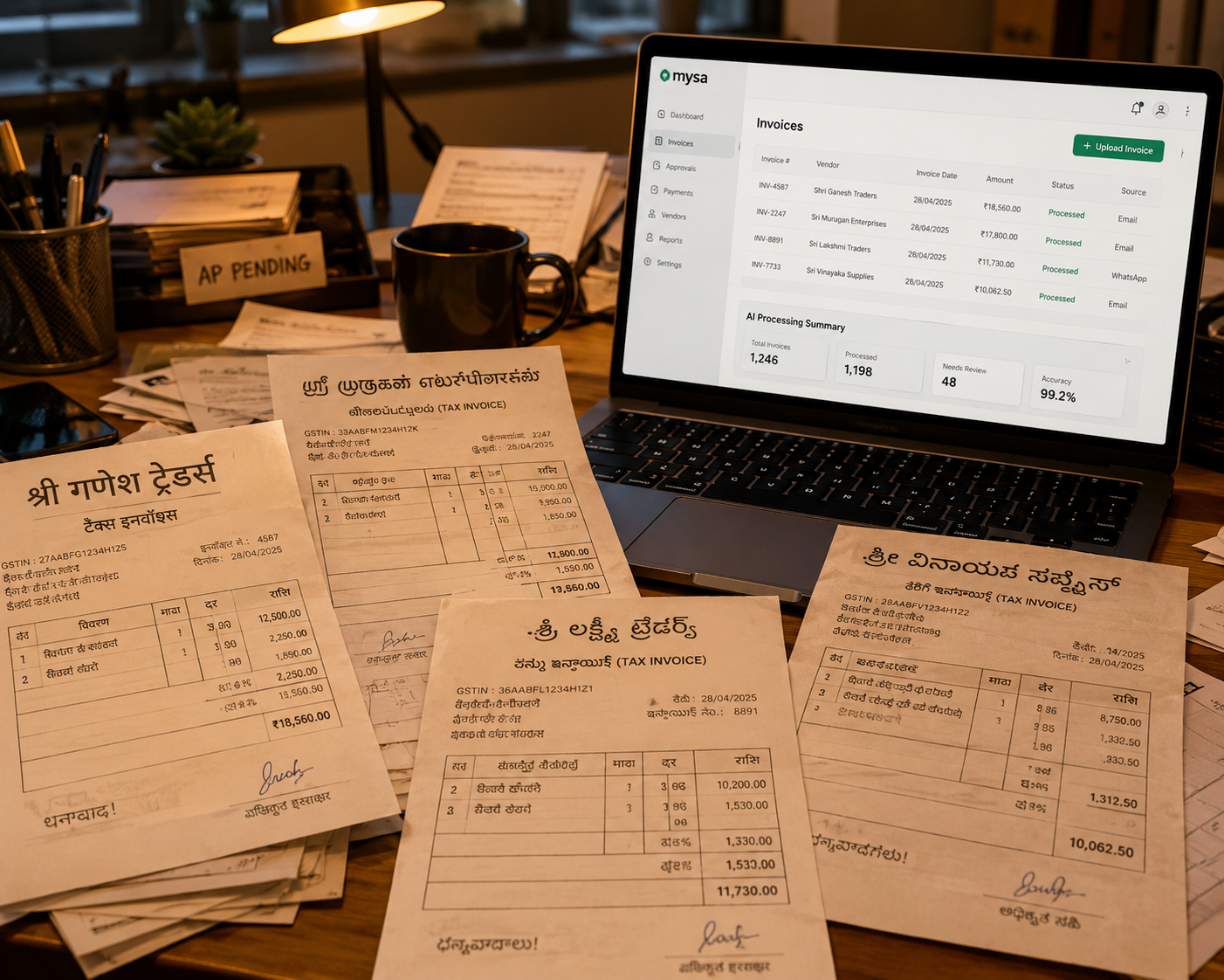 Stack of Indian vendor invoices in multiple regional languages on a finance desk
