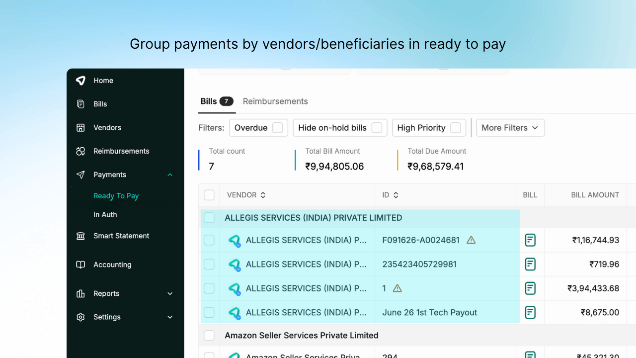 You can now group payments by vendor or beneficiary on the Ready to Pay screen, and save that selection for future use. Mysa lets you select the whole group in a single click for faster processing of payments. The same grouping is available on the Reimbursements tab. Select all pending payments under a group in one click instead of picking them individually.