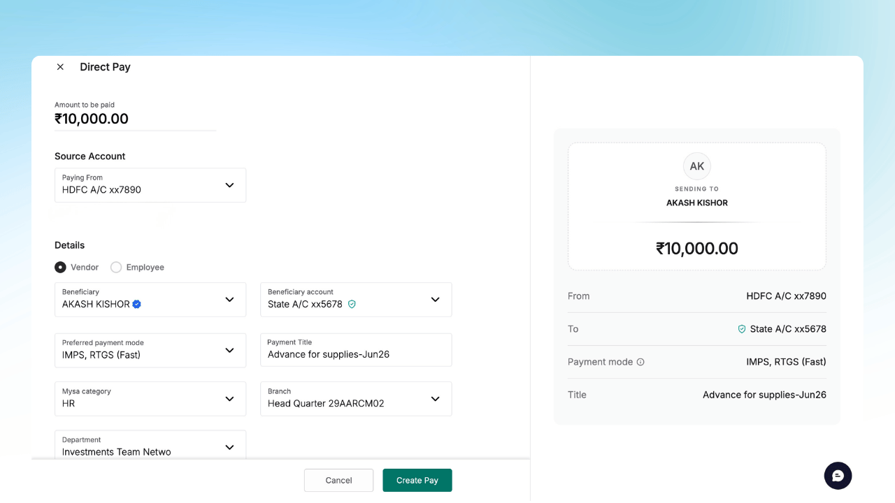 Creating a direct payment previously took multiple steps to complete. It's now a single step from creation to execution. You get the amount, expense categories, etc in one screen itself, for easier edits and faster payment processing.