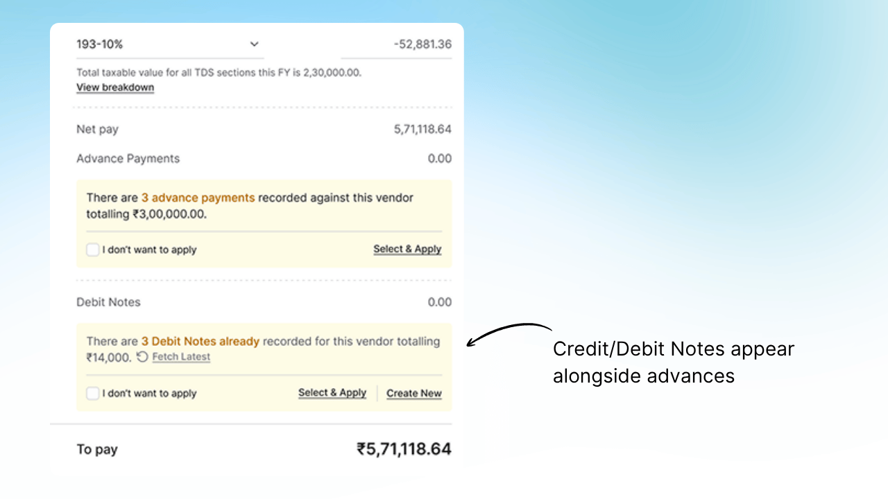 Mysa's new module credit note manaement uses AI to detect credit notes attached to bills, keeps track of it automatially, gives teams the liberty to auto-knock off against any bill for the respective vendor alongside the open advances