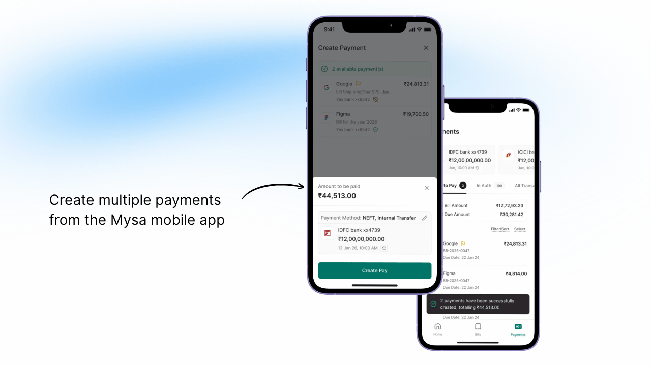 Mysa can now create multiple payments in one go on mobile. Bulk creation of partial payments and payments with flags still route to desktop, keeping mobile focused on clean, error-free payments.