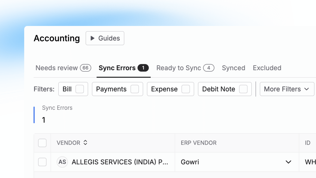 A new Sync Errors tab under Accounting shows every failed entry in one place, with clean, plain-language messaging on why it failed, and actions that teams can take to resolve the failures independently.