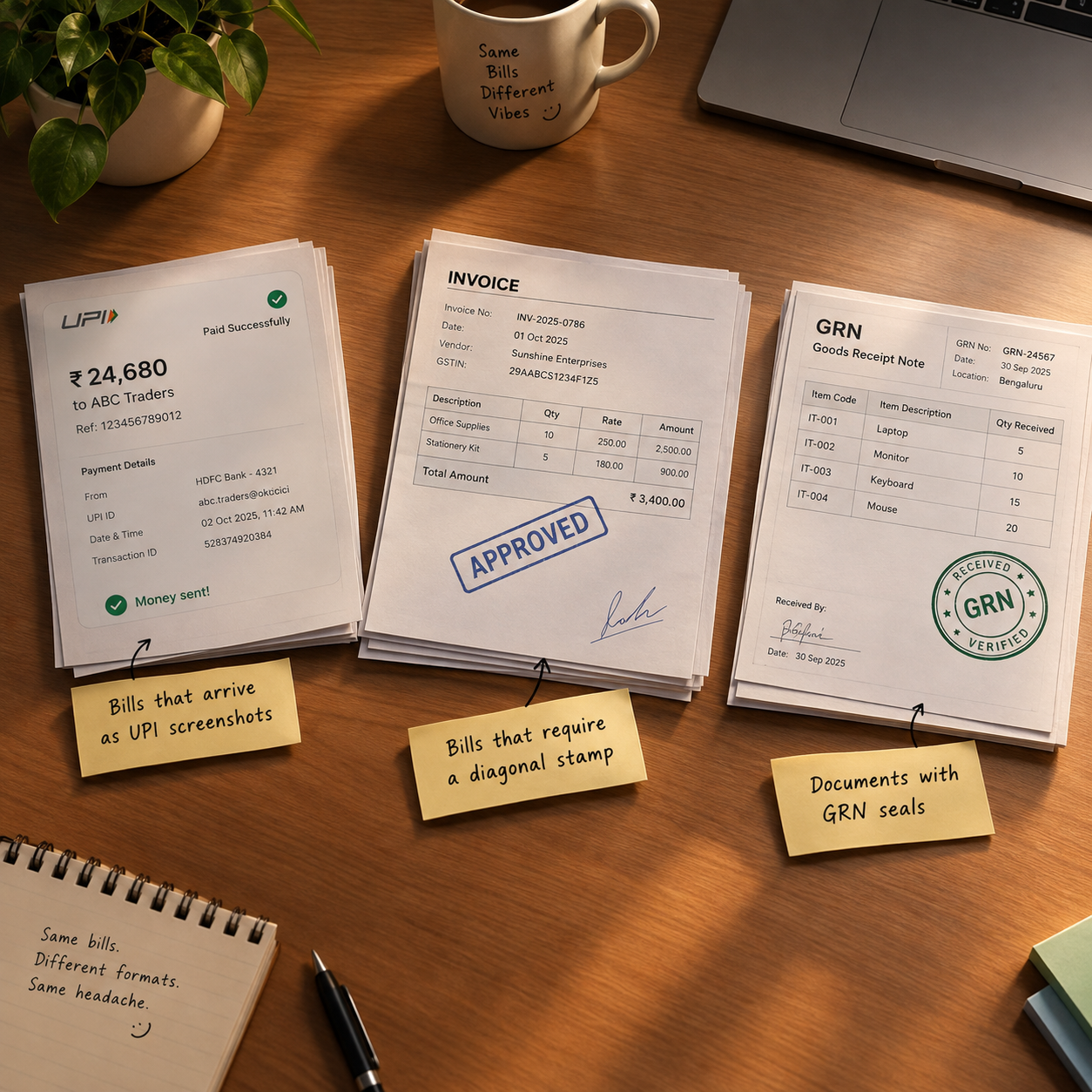 a table top showing three types of niche bills, UPI screenshot, diagonal hand signature and GRN number stamp. All of this Mysa's Scan can save as flags, including anyhting visible on the bill can be turned into custom AI flags