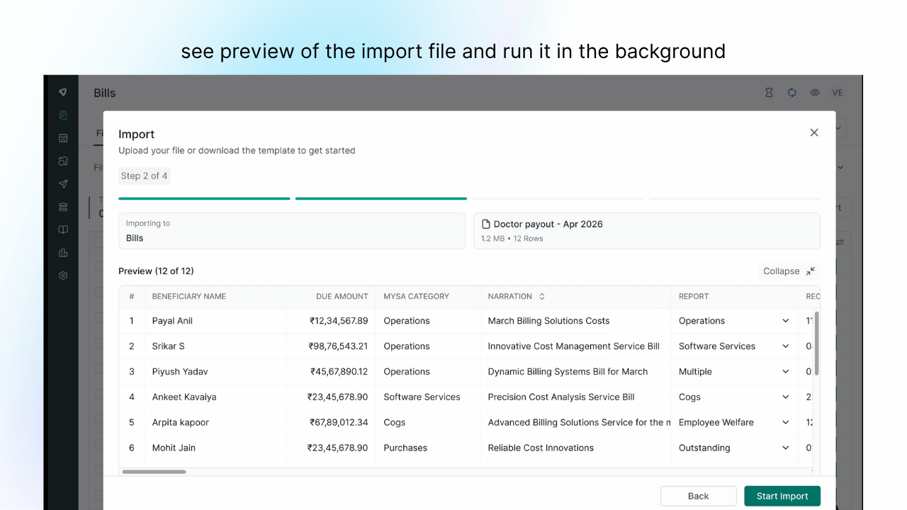 Mysa now shows a preview of the sheet's columns before you run the import, then processes it in the background while you keep working. A side panel gives live tracking for the file, with the exact reason in plain language if a row fails, cutting down the back and forth with support.