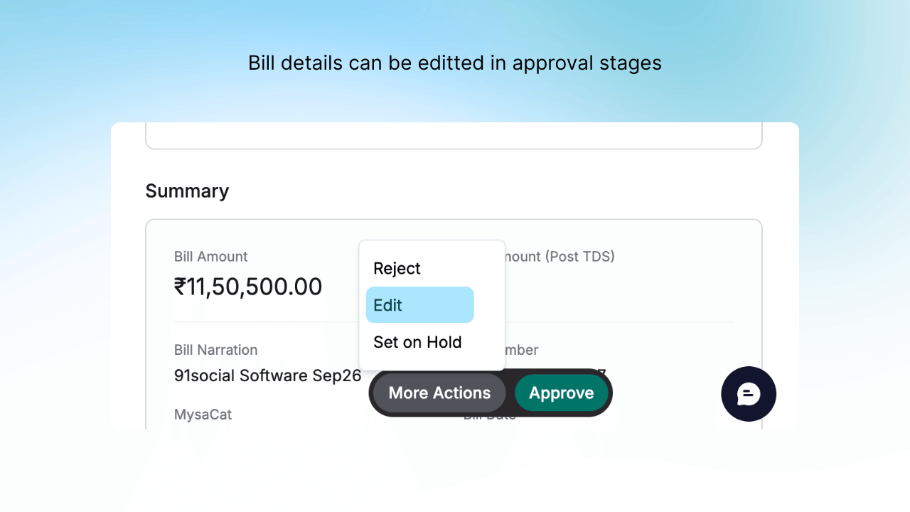 Approvers can now edit the Department, BU, and Cost Centre on a bill during the approval stage. The correction is made in the right place, by the right person, without disrupting the workflow. The approval workflow triggered at upload continues as configured, only the categorisation fields are open to edit, not the workflow itself.