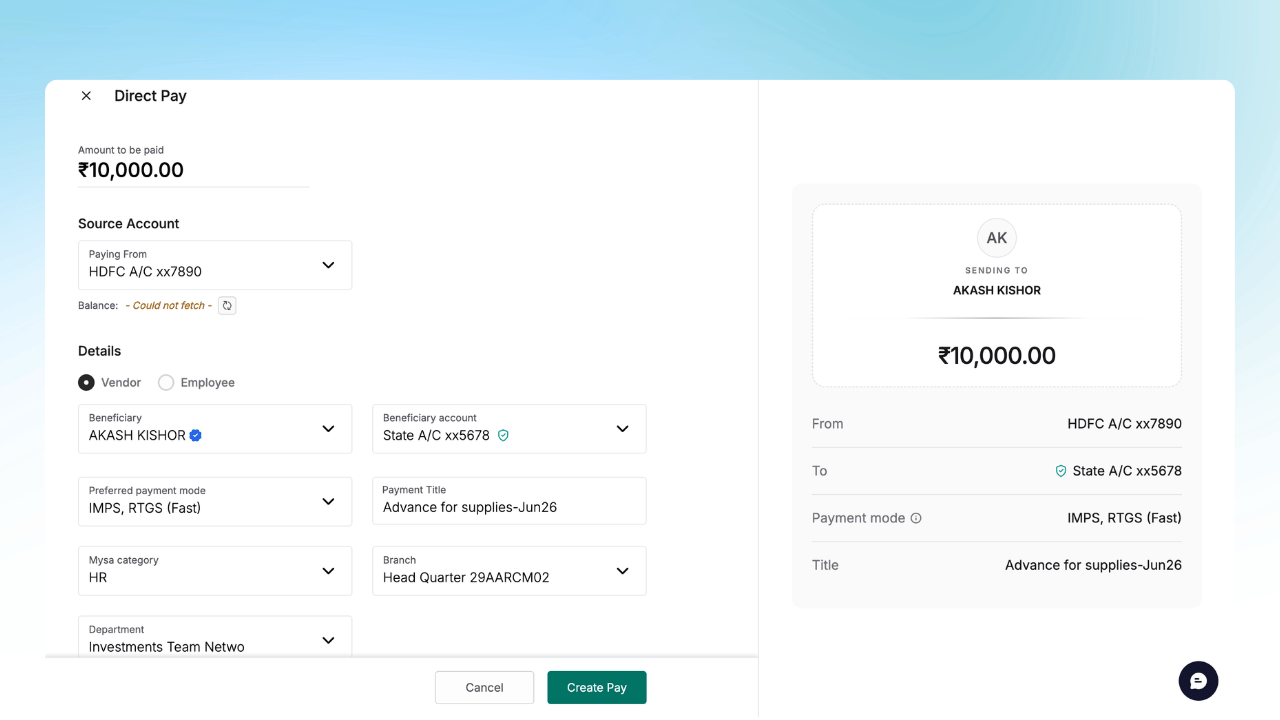 Creating a direct payment previously took multiple steps to complete. It's now a single step from creation to execution. You get the amount, expense categories, etc in one screen itself, for easier edits and faster payment processing.