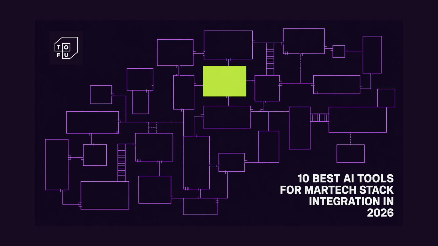Flat architectural blueprint of a martech stack seen from above with one block highlighted