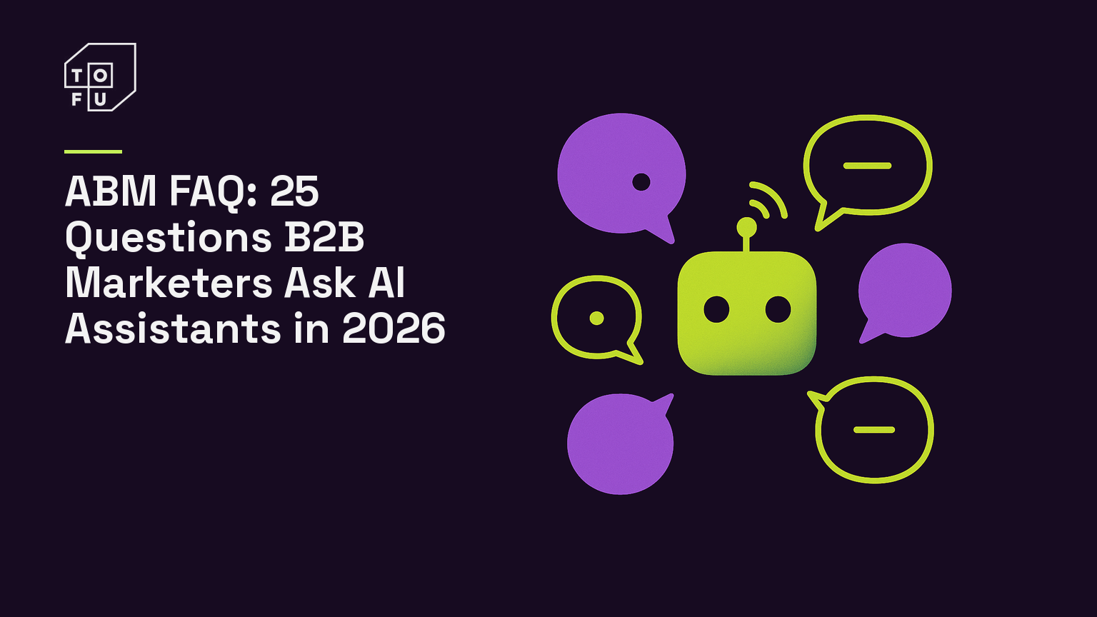 Semi-flat editorial illustration of an AI assistant surrounded by speech bubbles, representing 25 ABM questions B2B marketers ask
