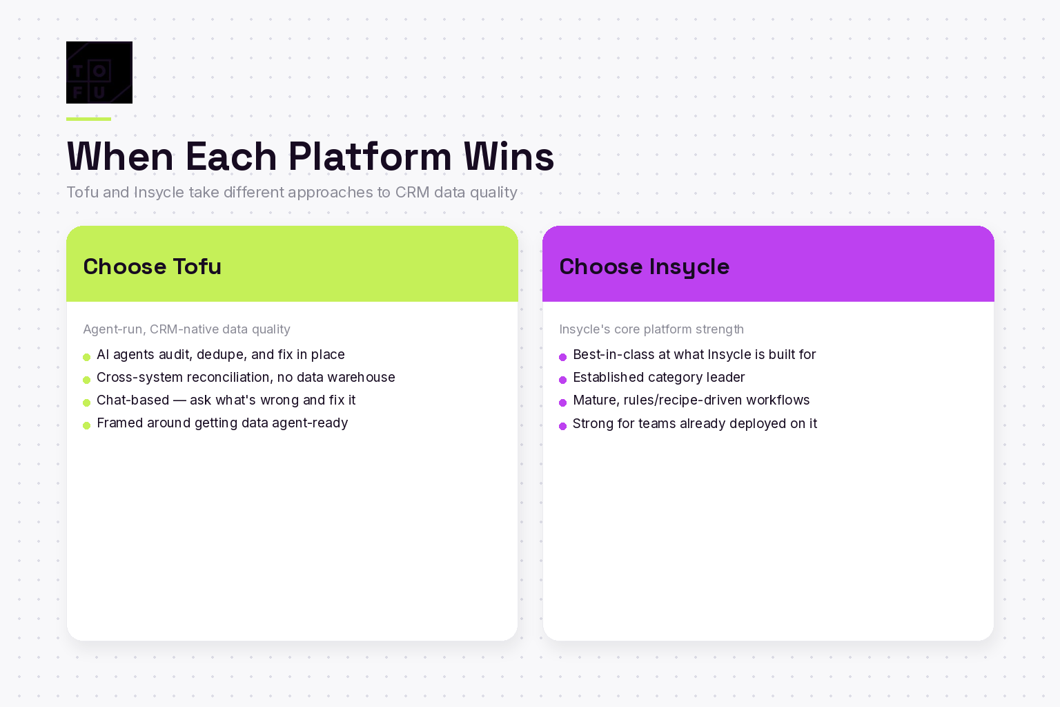 Side-by-side comparison cards showing when to choose Tofu versus Insycle in 2026
