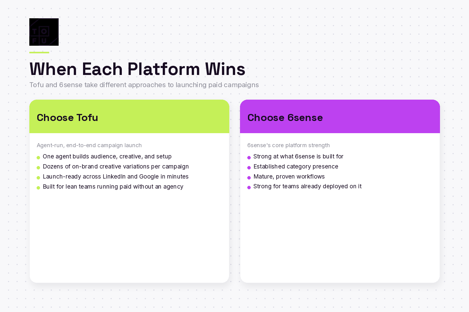 Side-by-side comparison cards showing when to choose Tofu versus 6sense in 2026