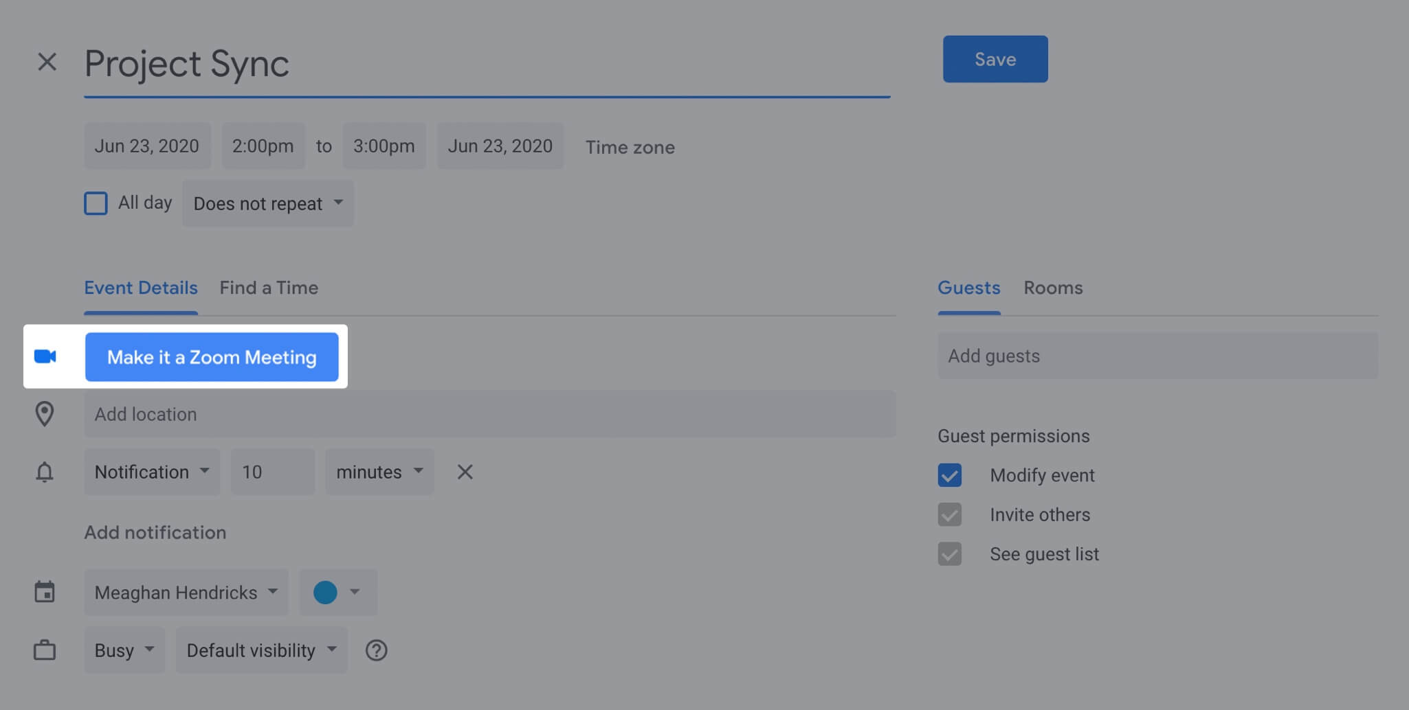 Screenshot of the create meeting dialog in Google Calendar highlighting the "make it a zoom meeting" button