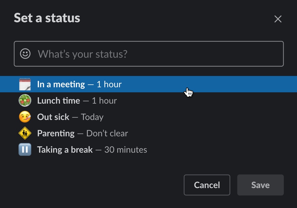 Screenshot of the dialog box where someone would update their slack status