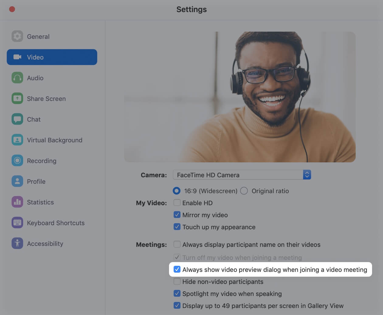 Screenshot of Zoom's video settings with the always show preview dialog checkbox highlighted
