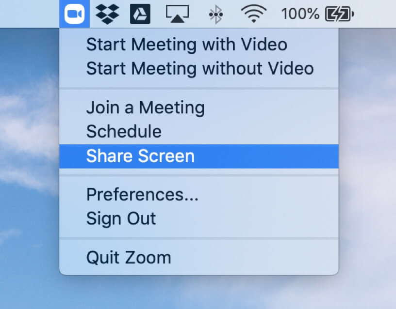 Screenshot of Zoom's dropdown in a Mac Menu bar