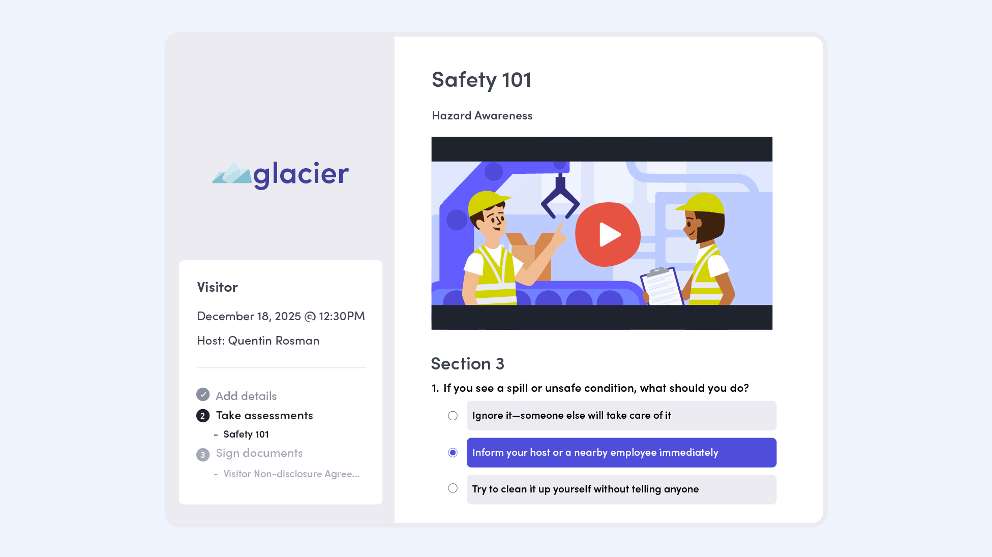 A "Safety 101" video shown in the visitor registration flow