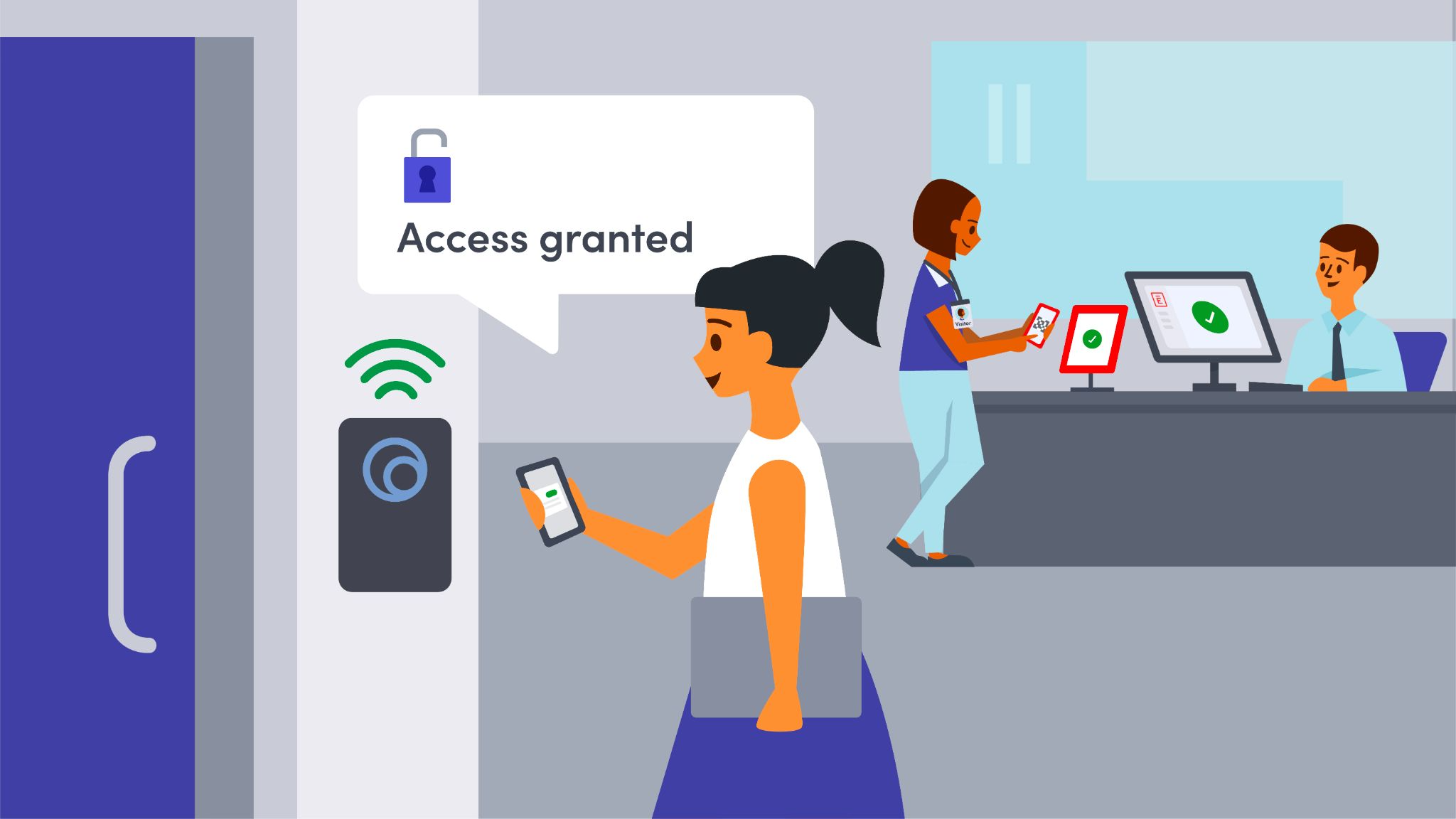 A person using access control technology to enter a space with their mobile device