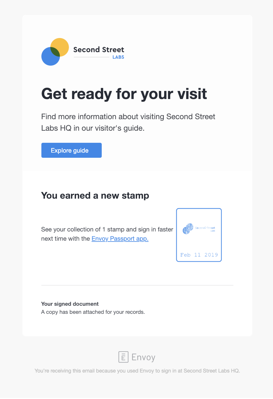 Visitors will receive this email from Envoy after they sign in.