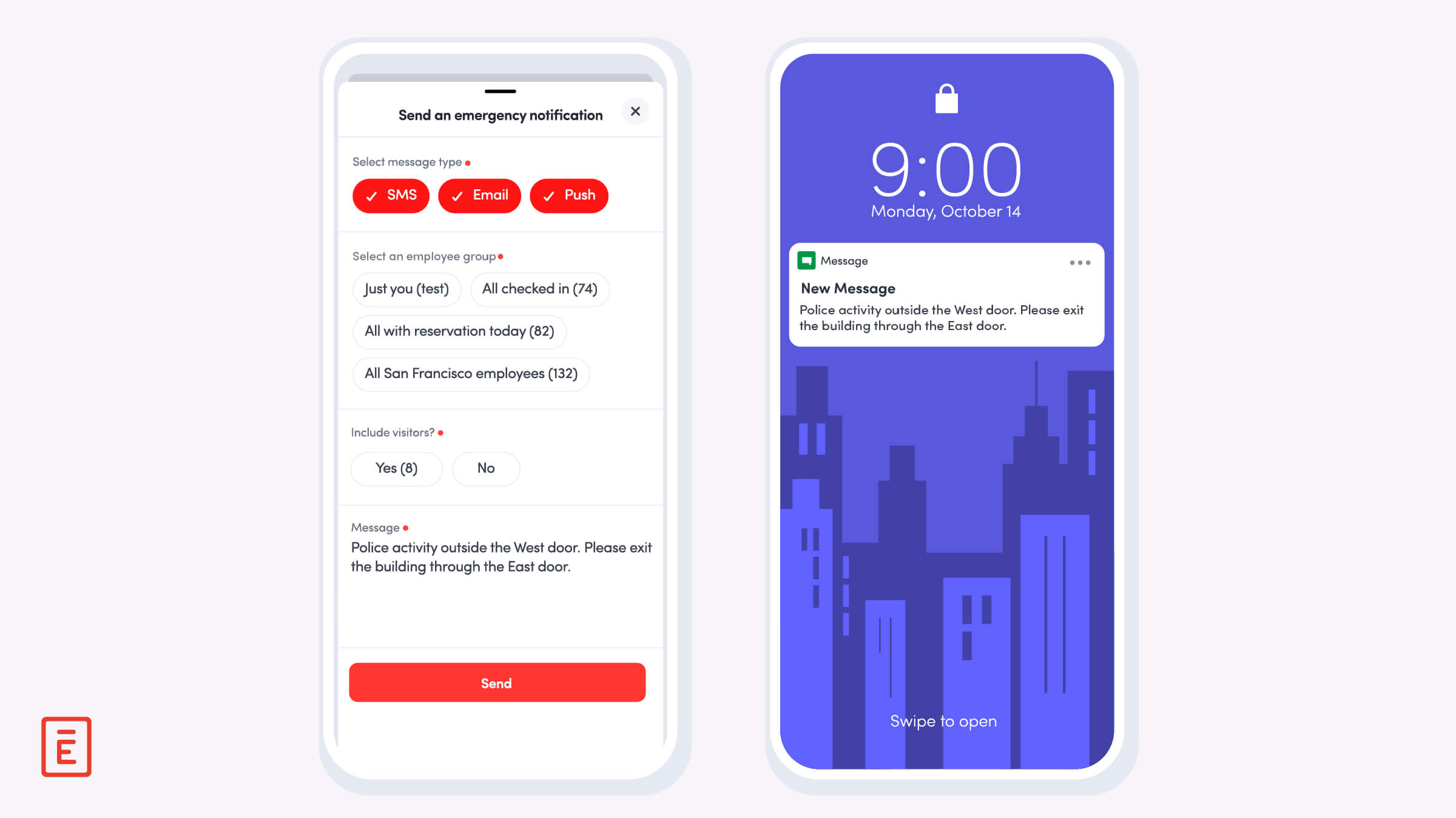 Product screenshots for sending and receiving an emergency notification