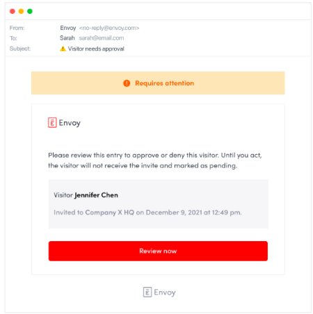 An email asking for admin approval of visitor invites before they can be sent