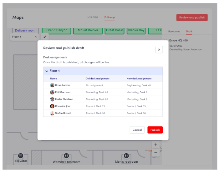 Product screenshot of editing the workplace map and saving a draft