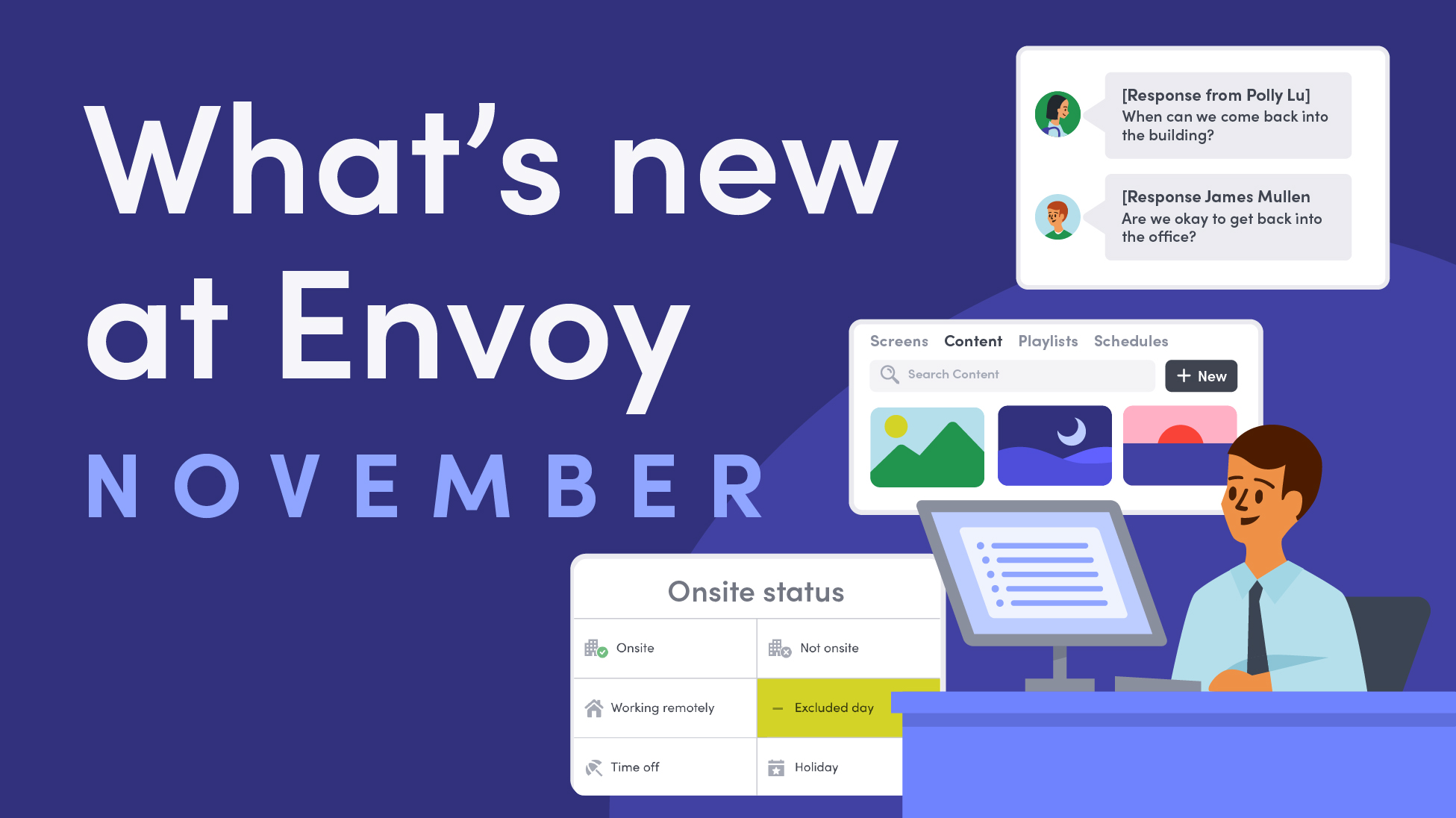 Illustrated image of a workplace leader in front of several product screens