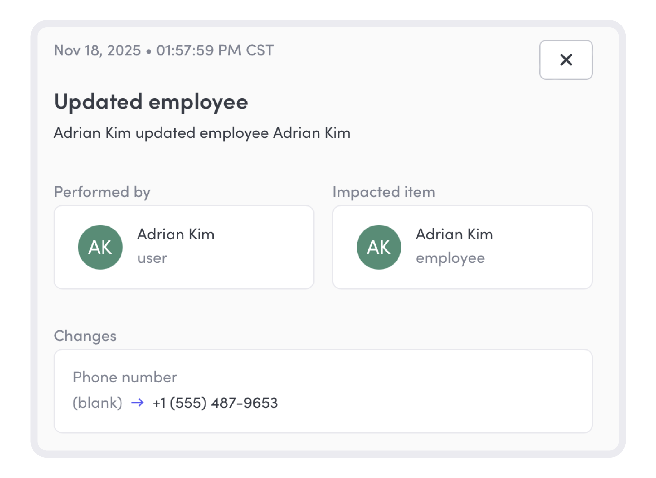 Illustration showing an update made to an employee record in Envoy