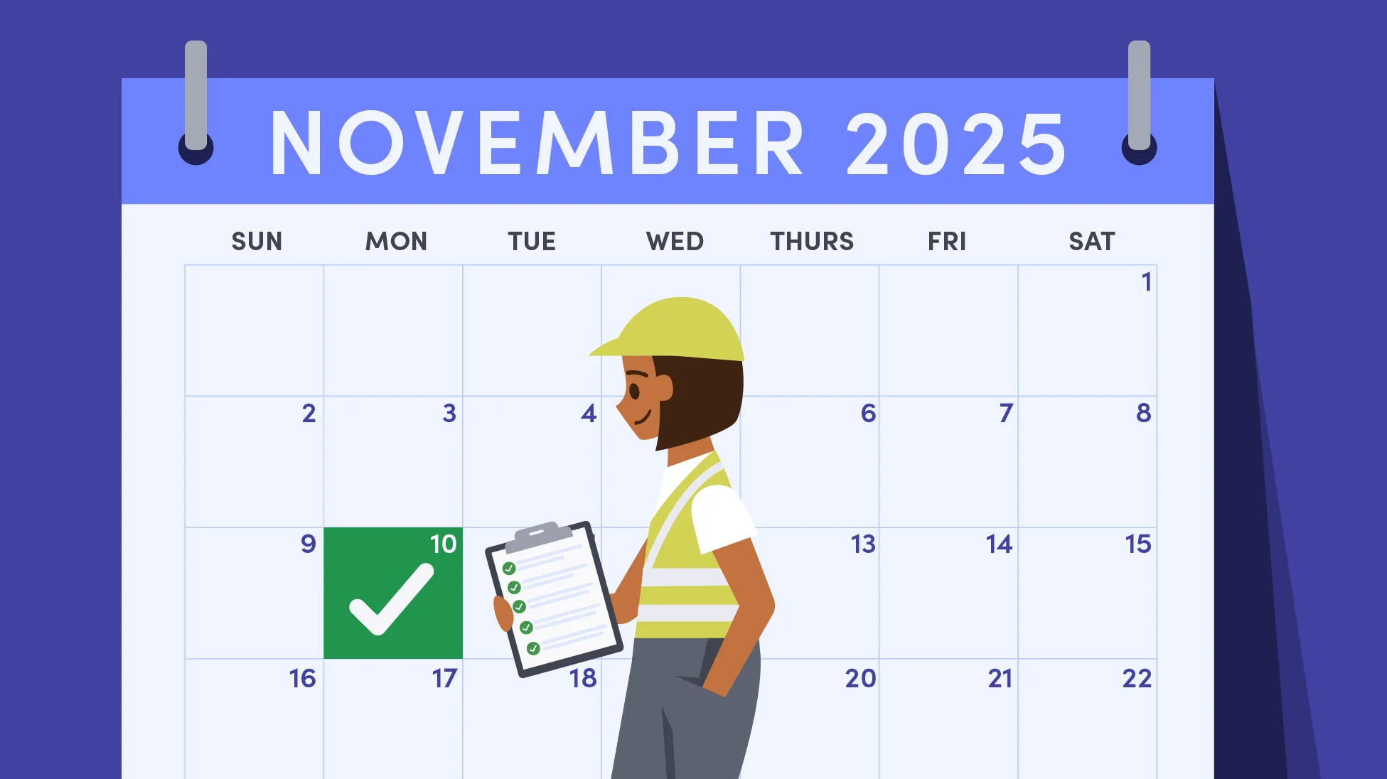 An illustration of a person wearing safety gear, with a calendar in the backdrop highlighting Nov 10