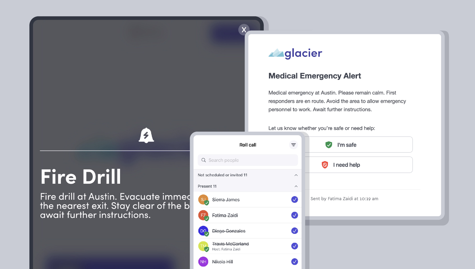 Illustrated images of Envoy’s product, showing a variety of emergency notification screens