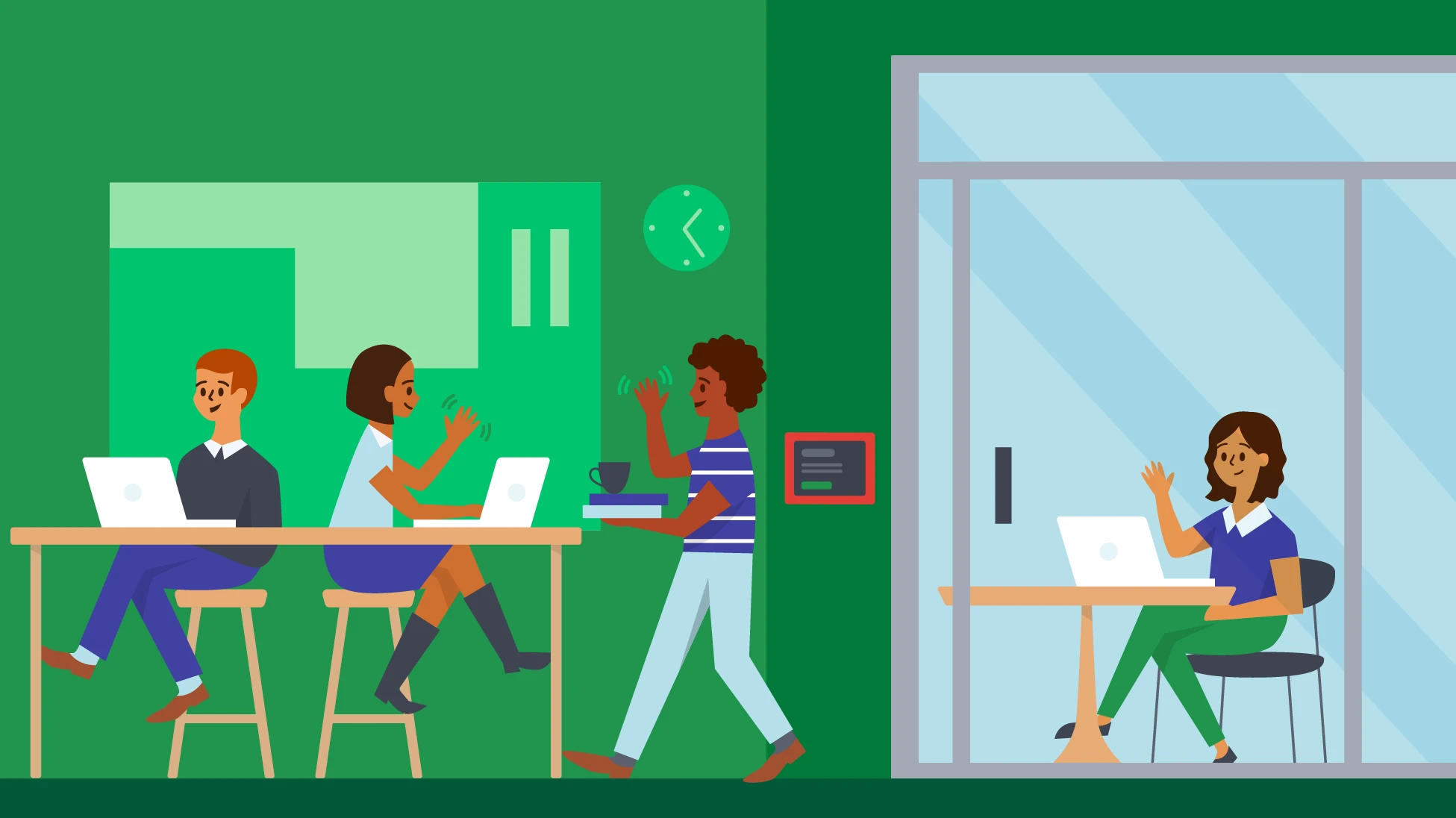 Illustration of people sitting at a table in an office, and one person in a conference room.