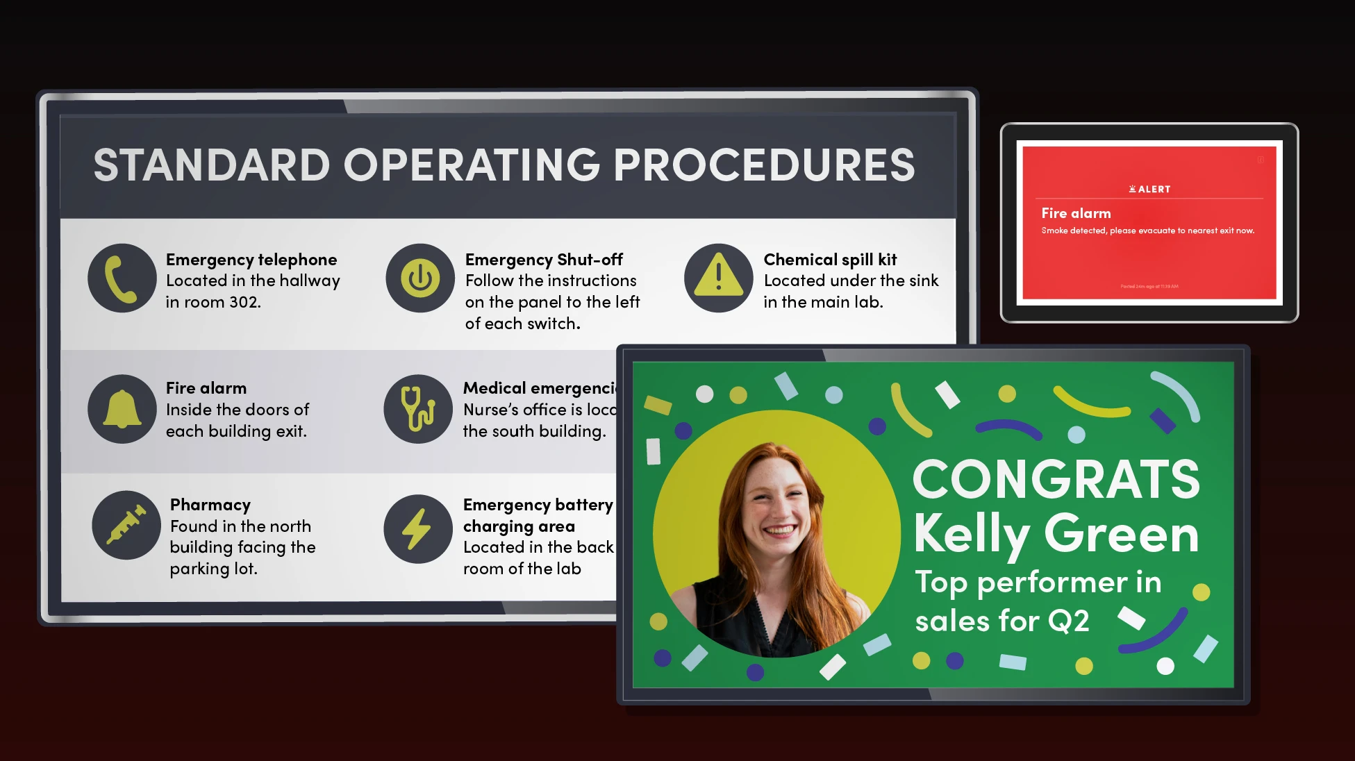 Image containing dashboard photos from Envoy Screens as a connected hub for safety, compliance, and culture