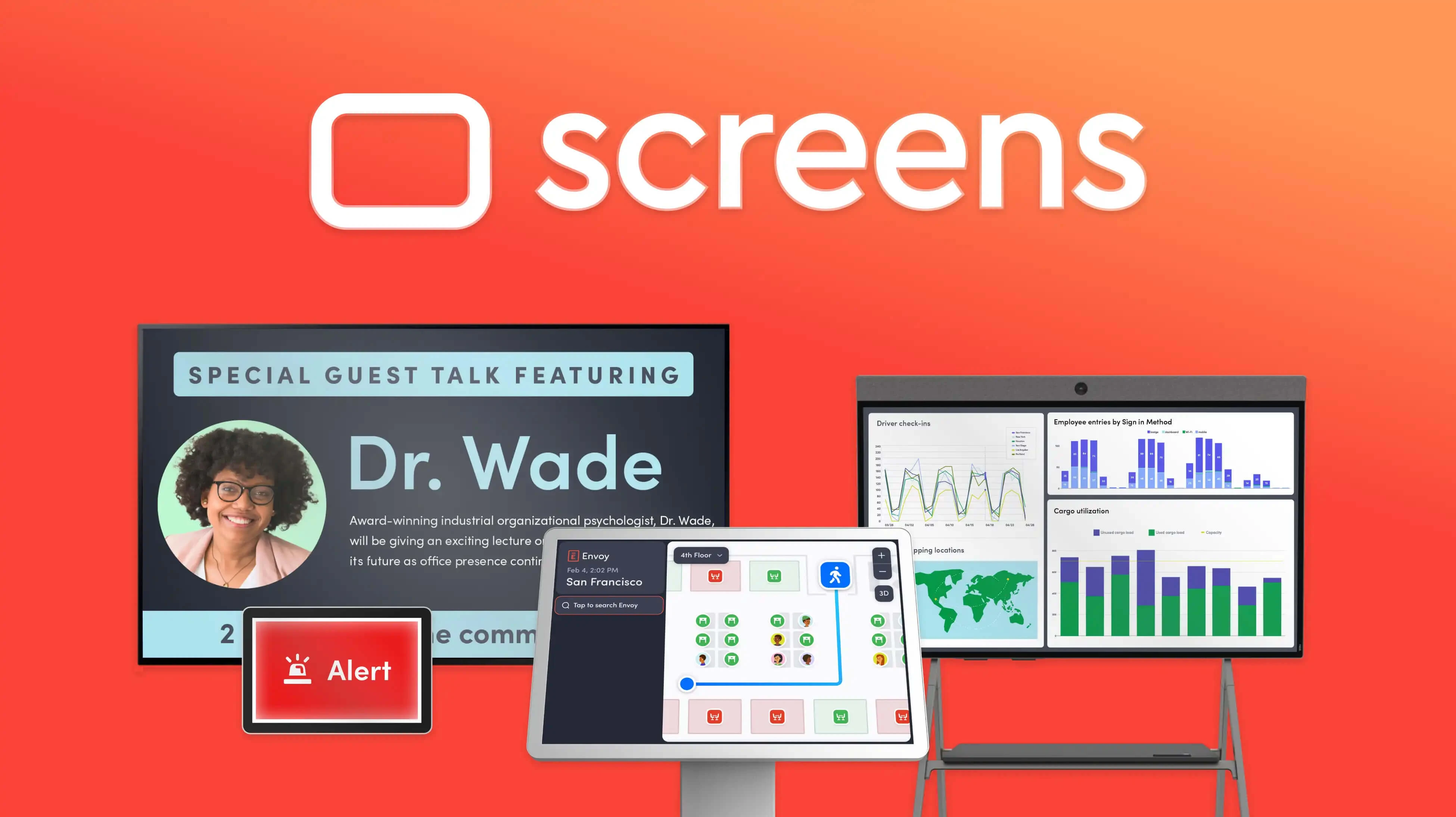 A collage of screens; One showing marketing for an upcoming speaker, one showing alert, one showing office wayfinding, and one showing muliple KPI dashboards.