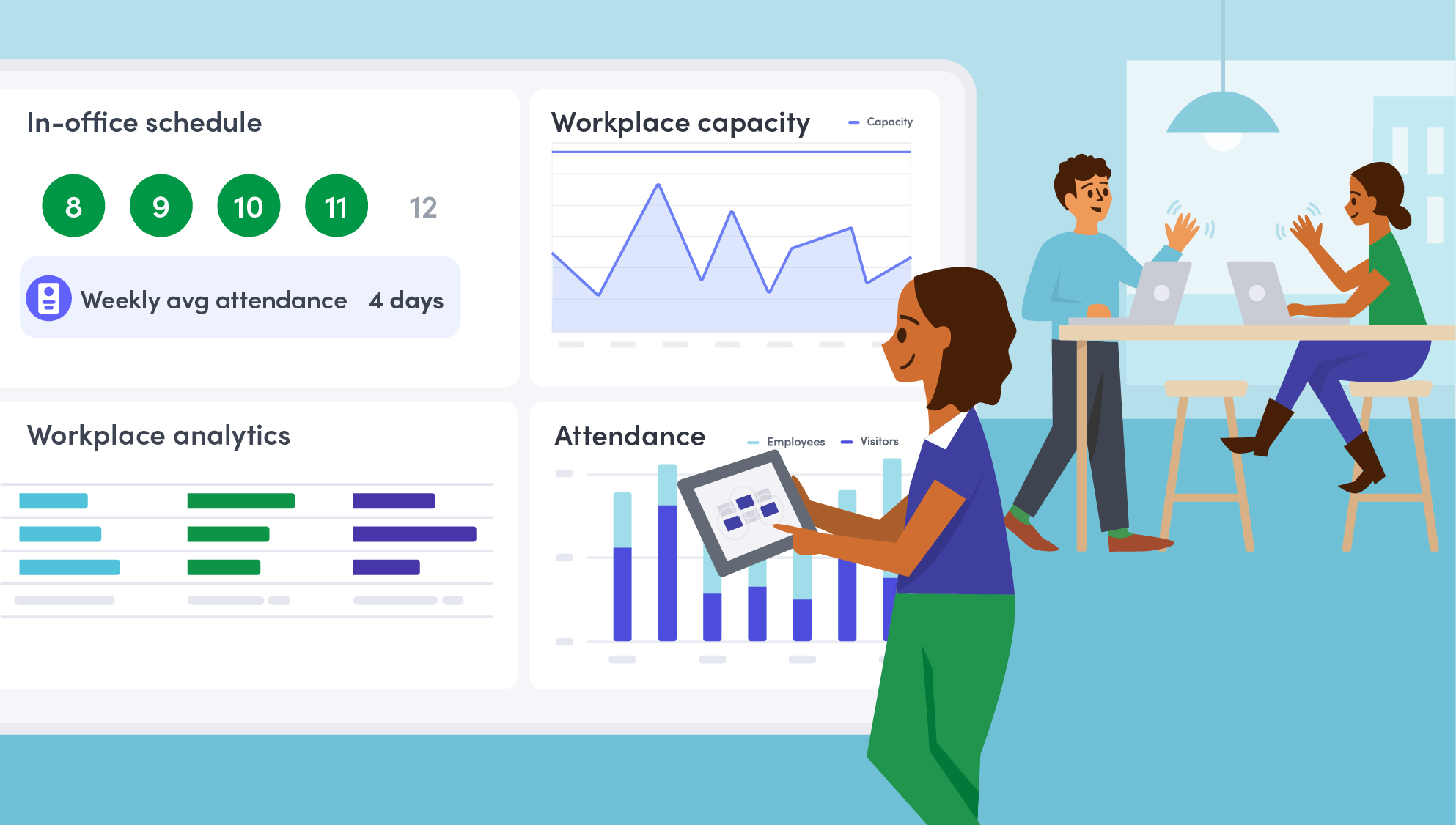A workplace leader looking at workplace data charts, with employees in the background engaging