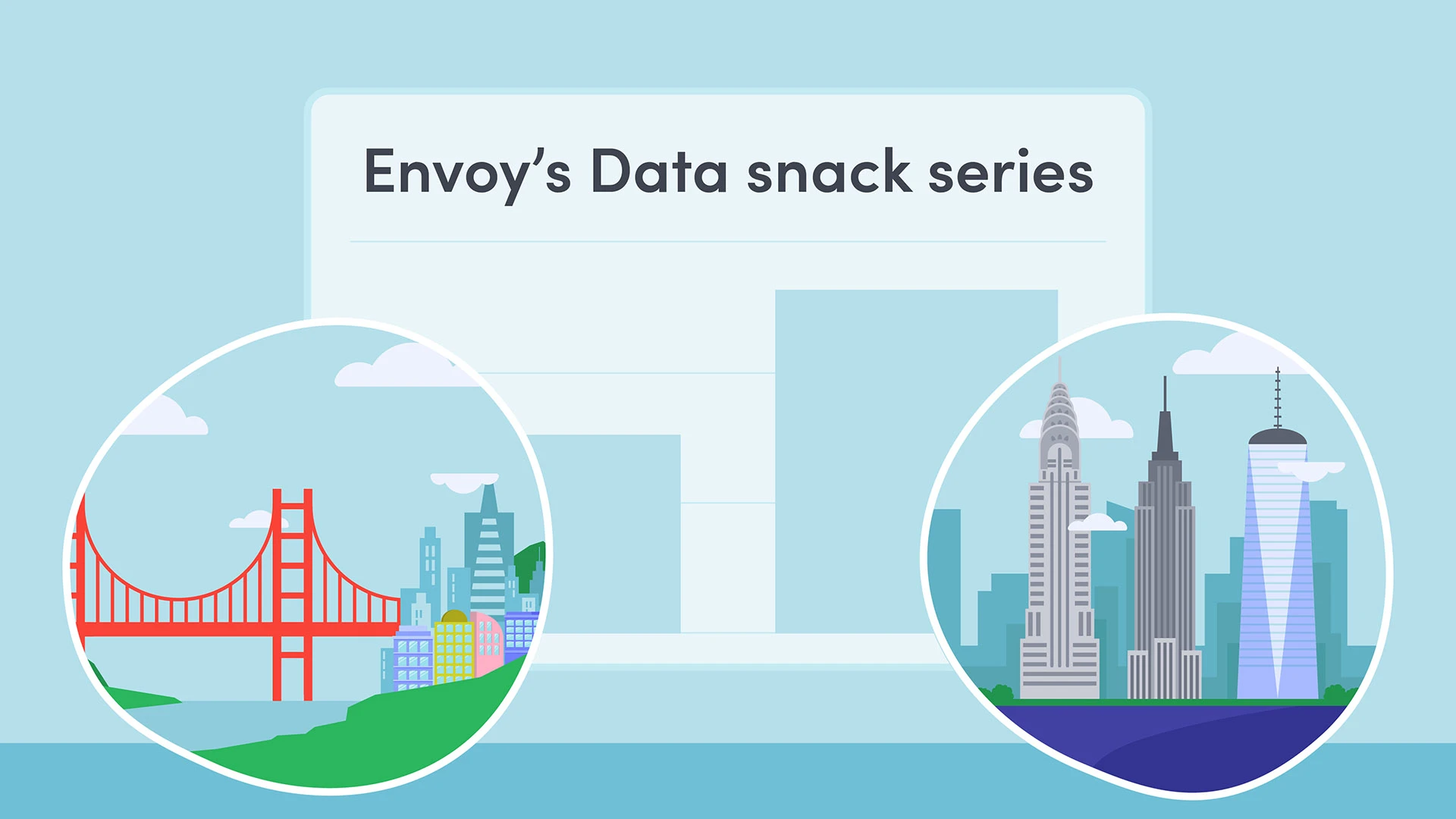 Two illustrated skylines representing San Francisco and New York below text that says Envoy's data snack series.