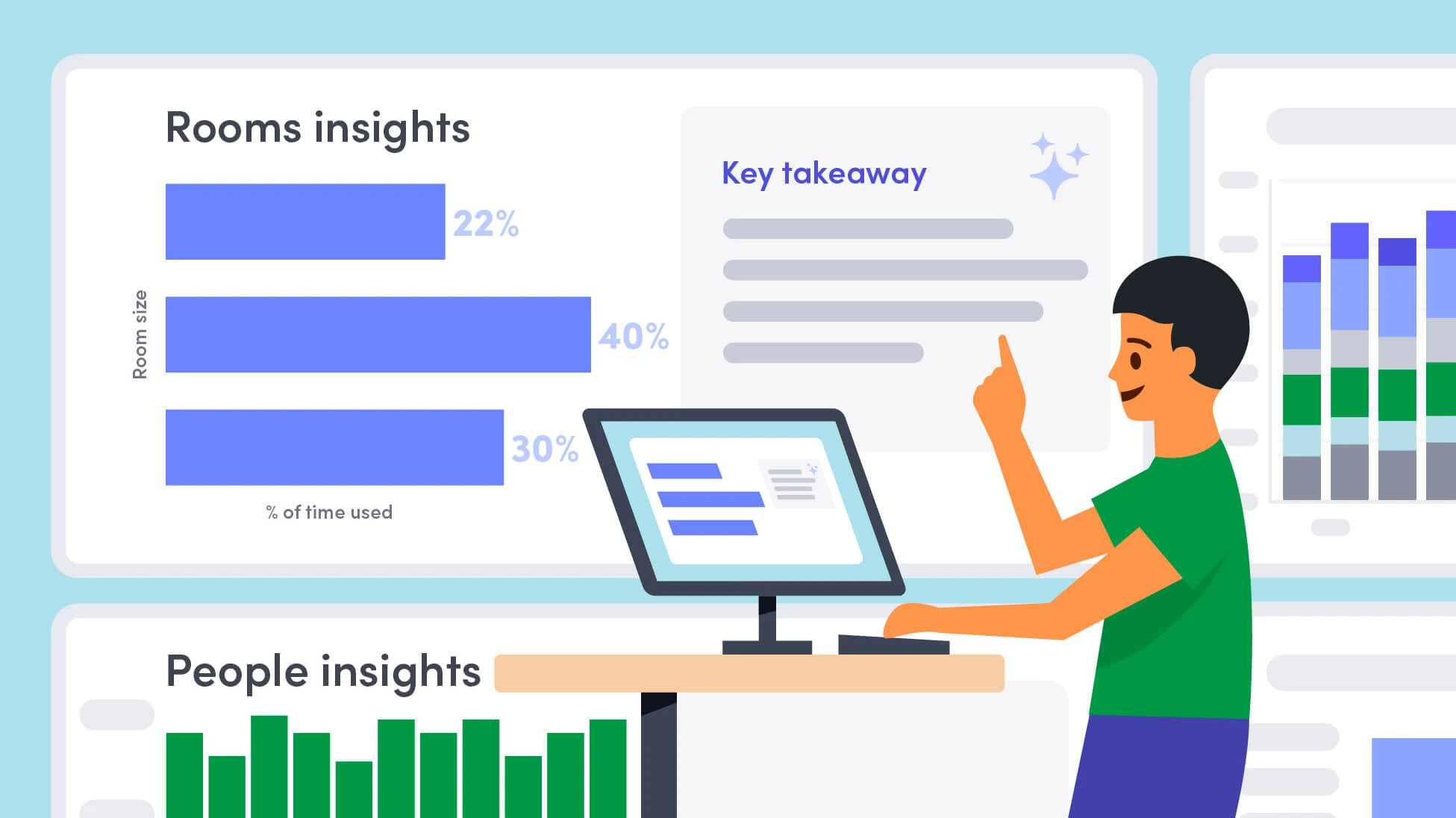 Illustration of a person reviewing graphs and charts