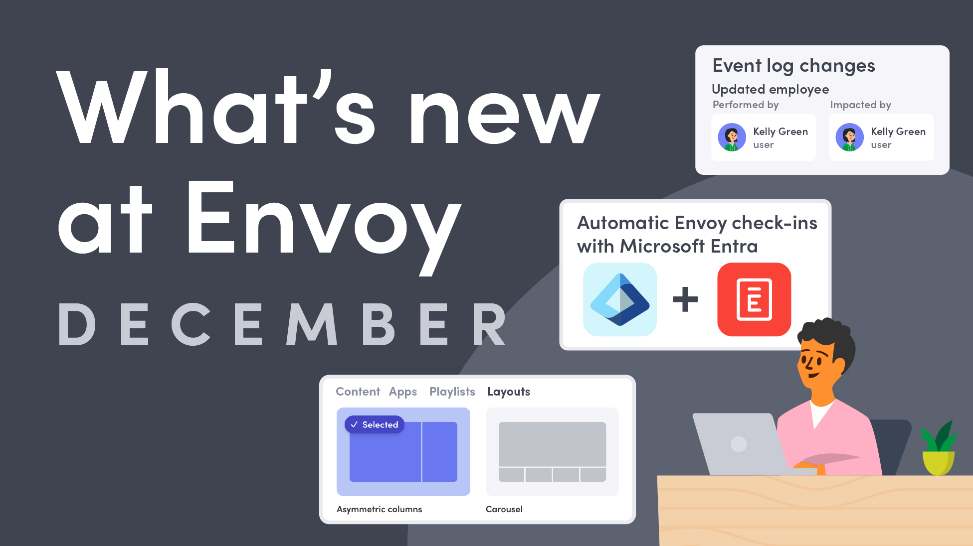 Illustration of a workplace admin at their desk, with visual callouts highlighting recent product updates